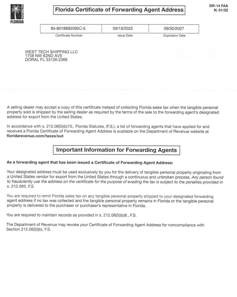 Tax Exempt Certificate West Tech Shipping